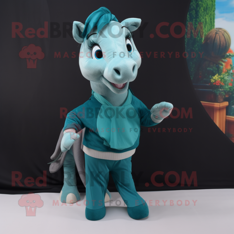 Teal Mare mascot costume character dressed with a Sweater and Suspenders Teal Mare mascot costume character dressed with a Sweater and Suspenders