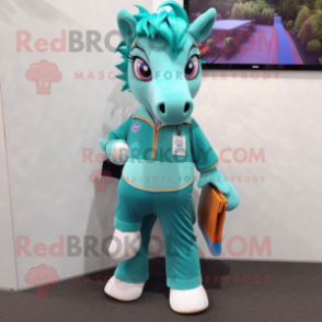 Teal Mare mascot costume character dressed with a Sweater and Suspenders