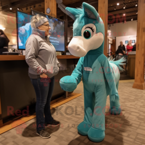 Teal Mare mascot costume character dressed with a Sweater and Suspenders