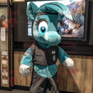 Teal Mare mascot costume character dressed with a Sweater and Suspenders