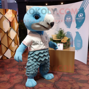 Sky Blue Pangolin mascot costume character dressed with a Graphic Tee and Pocket squares