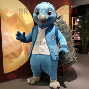 Sky Blue Pangolin mascot costume character dressed with a Graphic Tee and Pocket squares