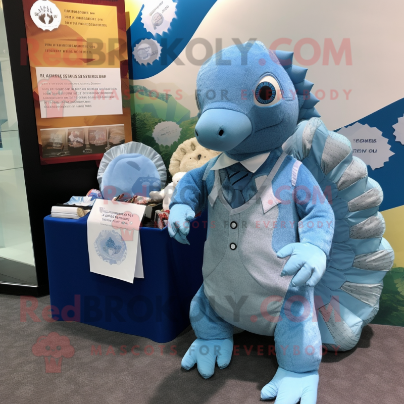 Sky Blue Pangolin mascot costume character dressed with a Graphic Tee and Pocket squares