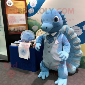 Sky Blue Pangolin mascot costume character dressed with a Graphic Tee and Pocket squares