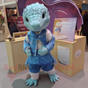 Sky Blue Pangolin mascot costume character dressed with a Graphic Tee and Pocket squares