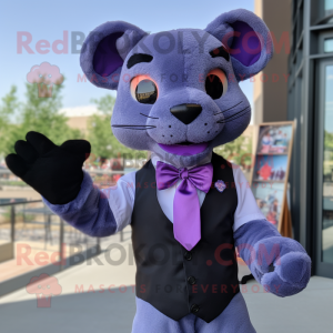 Lavender Panther mascot costume character dressed with a Overalls and Bow ties