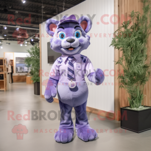 Lavender Panther mascot costume character dressed with a Overalls and Bow ties