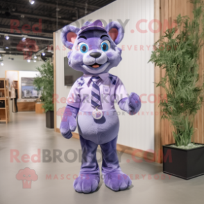 Lavender Panther mascot costume character dressed with a Overalls and Bow ties