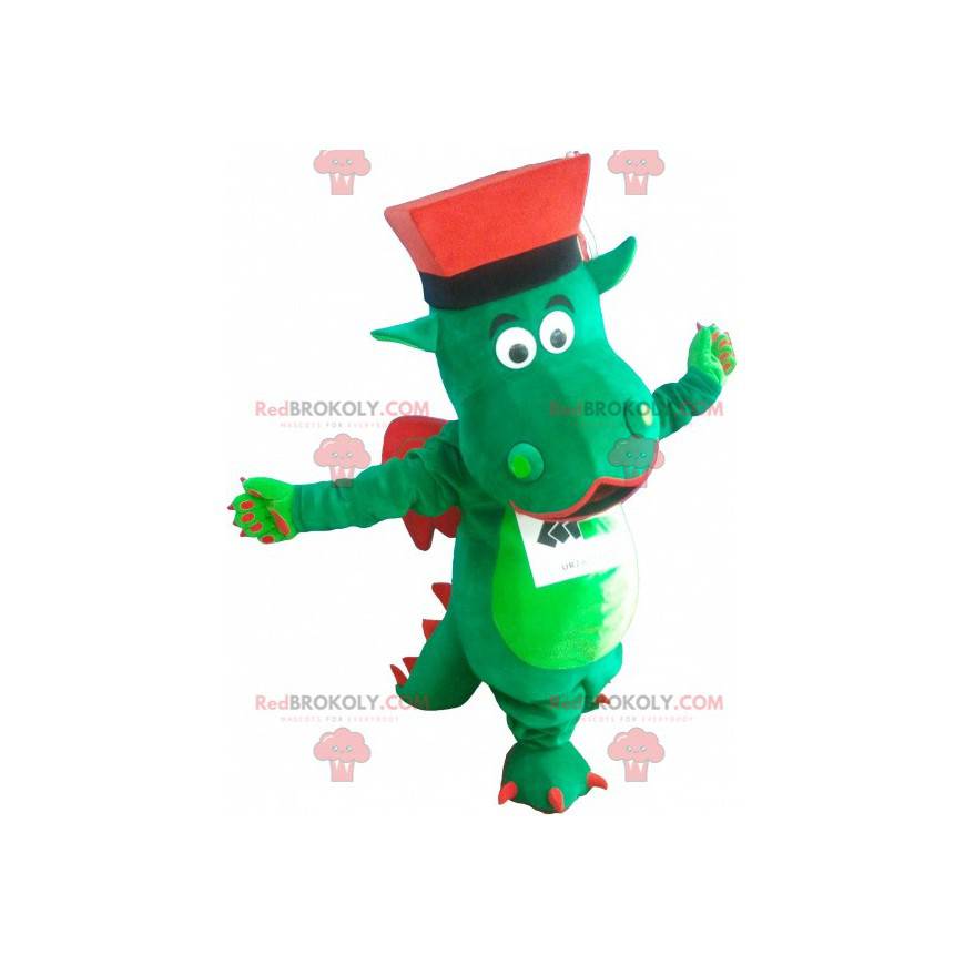 Groene en rode draakmascotte met een hoed - Redbrokoly.com