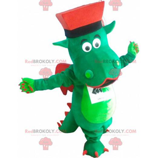 Grünes und rotes Drachenmaskottchen mit Hut - Redbrokoly.com