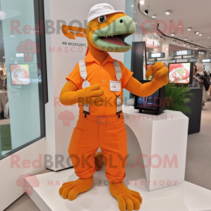 Orange Iguanodon mascot costume character dressed with a Corduroy Pants and Digital watches