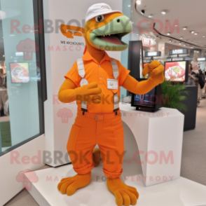 Orange Iguanodon mascot costume character dressed with a Corduroy Pants and Digital watches
