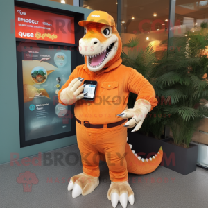 Orange Iguanodon mascot costume character dressed with a Corduroy Pants and Digital watches