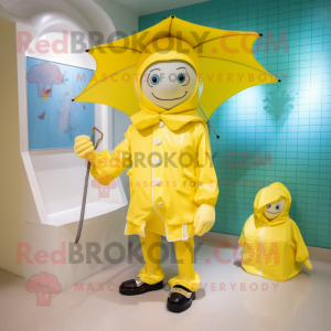 Lemon Yellow Tooth Fairy mascot costume character dressed with a Raincoat and Handbags
