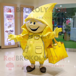 Lemon Yellow Tooth Fairy mascot costume character dressed with a Raincoat and Handbags