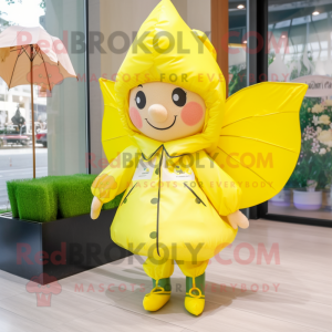 Lemon Yellow Tooth Fairy mascot costume character dressed with a Raincoat and Handbags