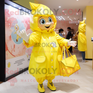 Lemon Yellow Tooth Fairy mascot costume character dressed with a Raincoat and Handbags