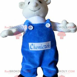 Mascotte de bonhomme blanc avec une salopette bleue -