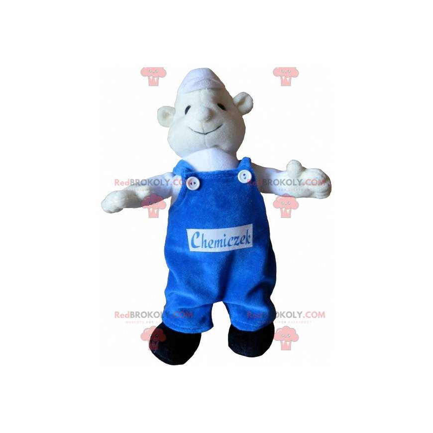 Weißes Schneemannmaskottchen mit blauen Overalls -