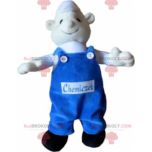 Weißes Schneemannmaskottchen mit blauen Overalls -