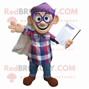 Lavender Tikka Masala mascot costume character dressed with a Flannel Shirt and Reading glasses