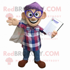 Lavender Tikka Masala mascot costume character dressed with a Flannel Shirt and Reading glasses