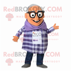 Lavender Tikka Masala mascot costume character dressed with a Flannel Shirt and Reading glasses