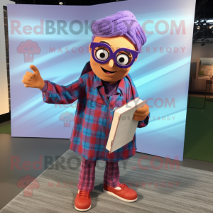 Lavender Tikka Masala mascot costume character dressed with a Flannel Shirt and Reading glasses