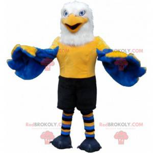 Mascot águila amarilla y blanca azul en ropa deportiva -