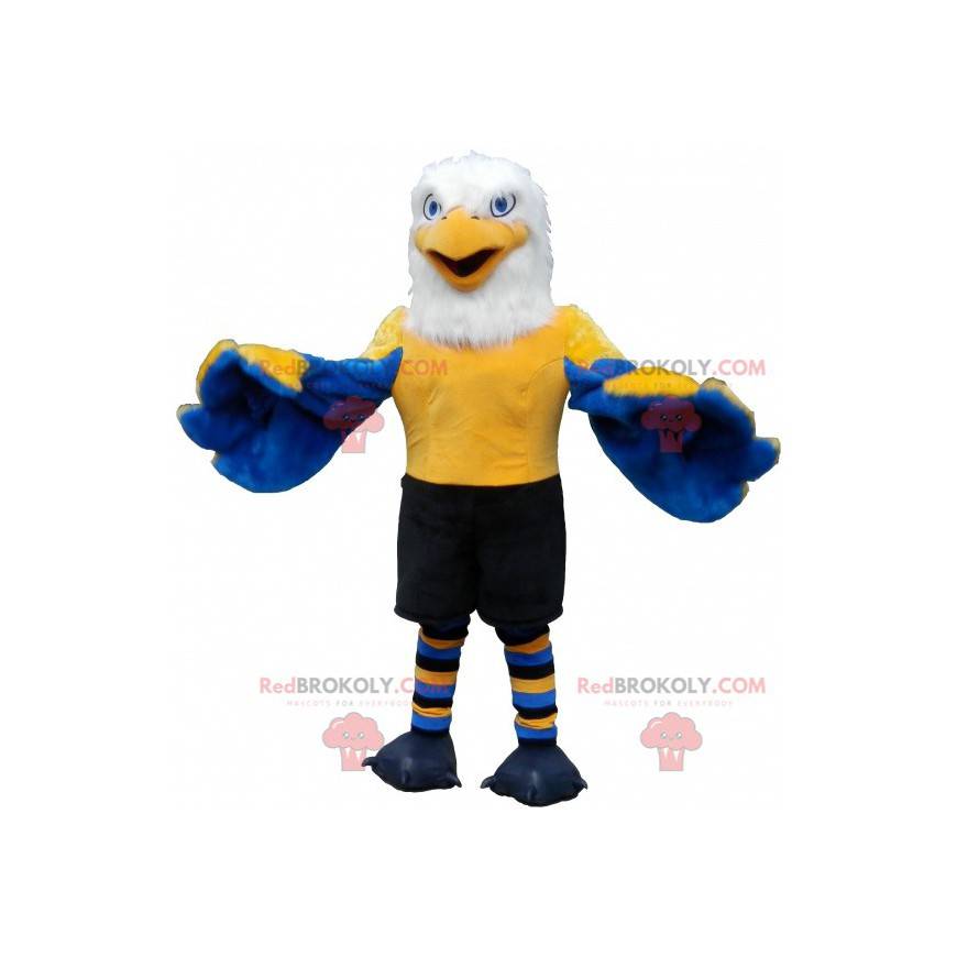 Mascote águia amarela e branca azul em roupas esportivas -