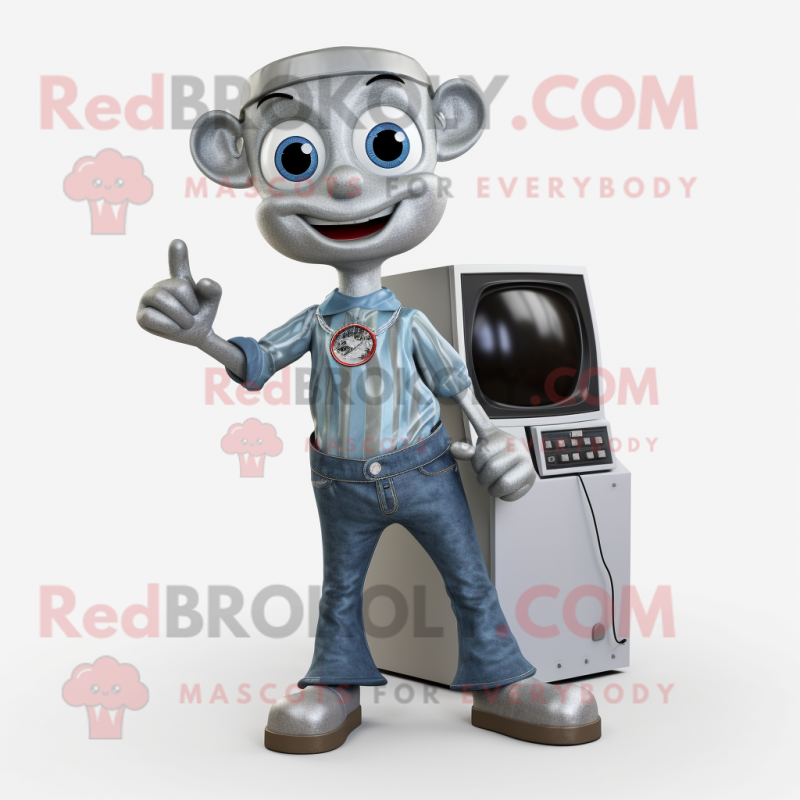 Silver Television mascot costume character dressed with a Jeans and Rings Silver Television mascot costume character dressed with a Jeans and Rings
