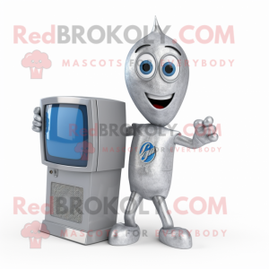 Silver Television mascot costume character dressed with a Jeans and Rings