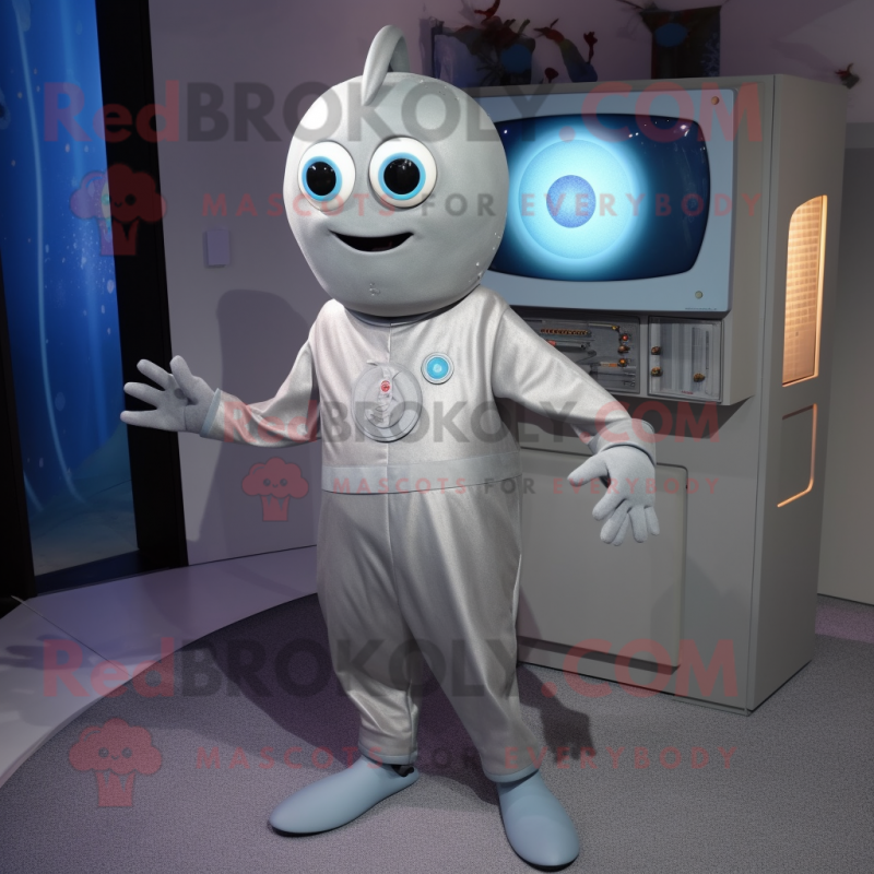 Silver Television mascot costume character dressed with a Jeans and Rings