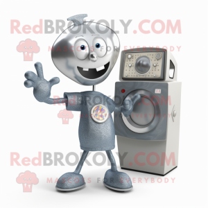 Silver Television mascot costume character dressed with a Jeans and Rings