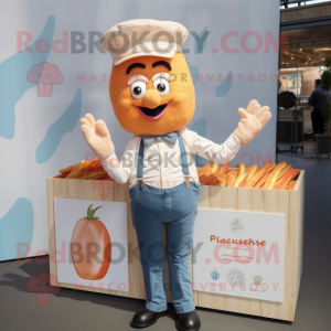 Peach French Fries mascot costume character dressed with a Chambray Shirt and Lapel pins