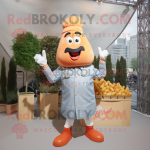 Peach French Fries mascot costume character dressed with a Chambray Shirt and Lapel pins