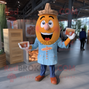 Peach French Fries mascot costume character dressed with a Chambray Shirt and Lapel pins