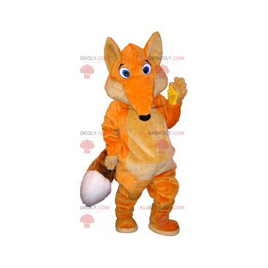 Mascotte de renard orange et blanc avec les yeux bleus -