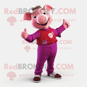 Magenta Pig mascot costume character dressed with a Henley Shirt and Anklets