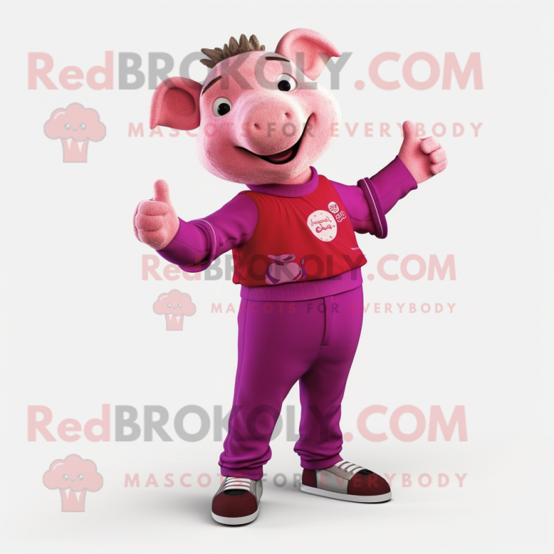 Magenta Pig mascot costume character dressed with a Henley Shirt and Anklets Magenta Pig mascot costume character dressed with a Henley Shirt and Anklets