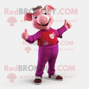 Magenta Pig mascot costume character dressed with a Henley Shirt and Anklets