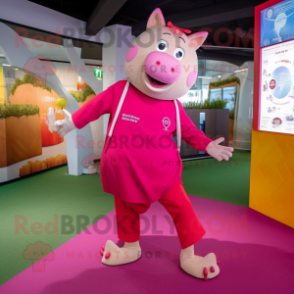 Magenta Pig mascot costume character dressed with a Henley Shirt and Anklets