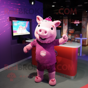 Magenta Pig mascot costume character dressed with a Henley Shirt and Anklets
