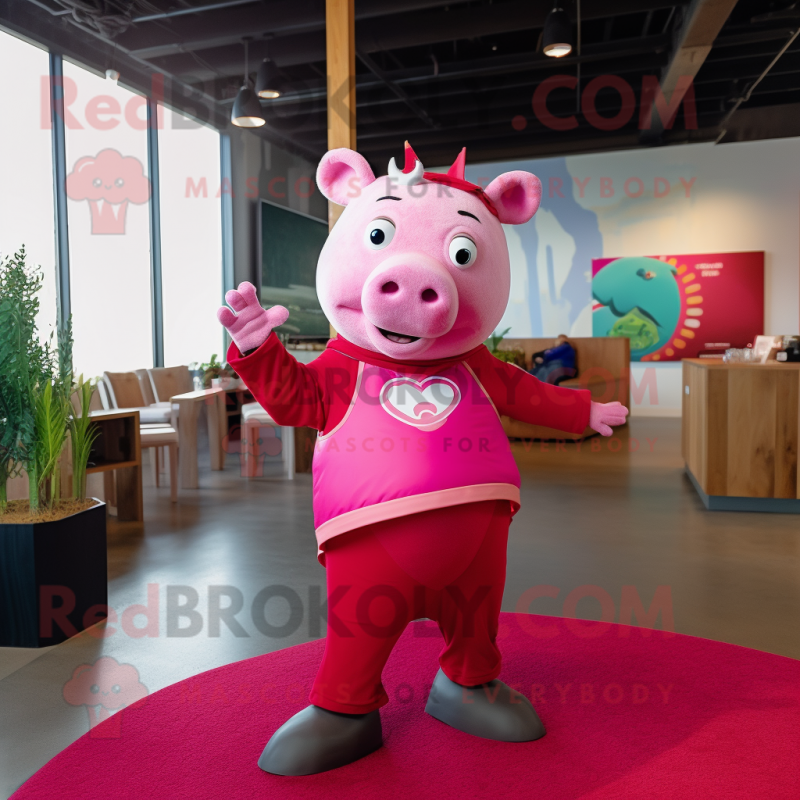 Magenta Pig mascot costume character dressed with a Henley Shirt and Anklets