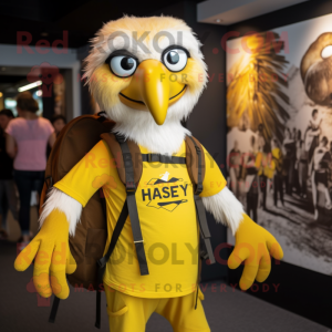 Yellow Haast'S Eagle mascot costume character dressed with a Henley Tee and Backpacks