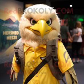 Yellow Haast'S Eagle mascot costume character dressed with a Henley Tee and Backpacks