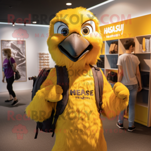 Yellow Haast'S Eagle mascot costume character dressed with a Henley Tee and Backpacks