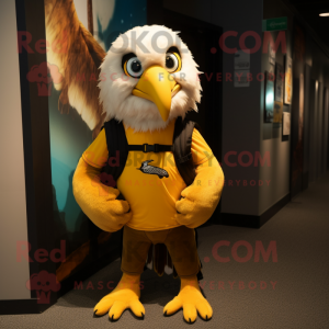 Yellow Haast'S Eagle mascot costume character dressed with a Henley Tee and Backpacks