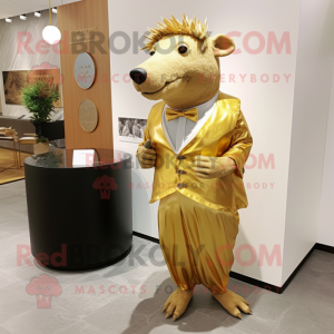 Gold Wild Boar mascot costume character dressed with a Midi Dress and Cufflinks