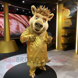 Gold Wild Boar mascot costume character dressed with a Midi Dress and Cufflinks